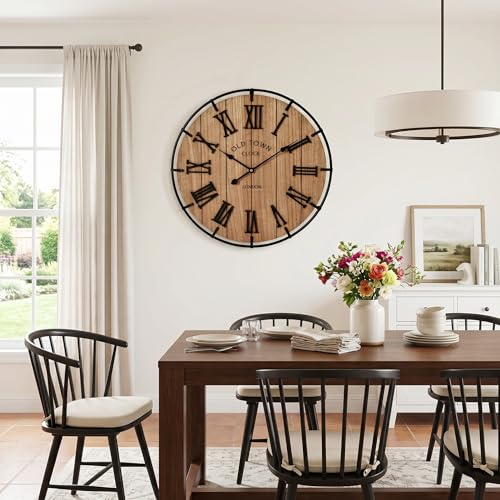 Image of EMAX HOME 24 Inch Large Farmhouse Wall Clock, Natural Wood Grain Face with Black Metal Frame, Silent Non-Ticking Quartz Movement, Vintage Wall Decor for Living Room, Bedroom, Dining Room