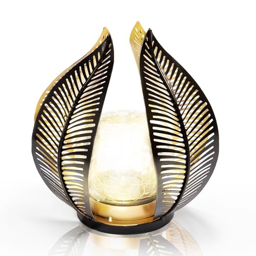 HPC Decor Solar Light Outdoor Garden, Crackle Globe Glass,Metal Palm Leaf Solar Light for Outside...