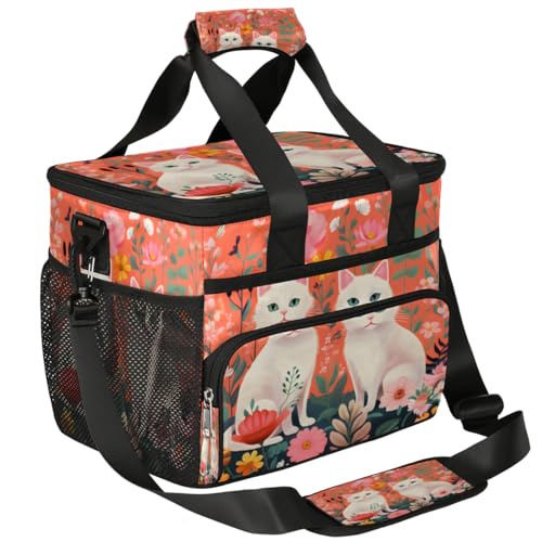 Funny Cats Insulated Picnic Backpack Lunch Box for Women Men Picnic Basket Tote Lunch Bag Picnic Bag Portable Lunch Bags for Picnic, Beach, Work, Trip,Office, Camp Cats with Flowers
