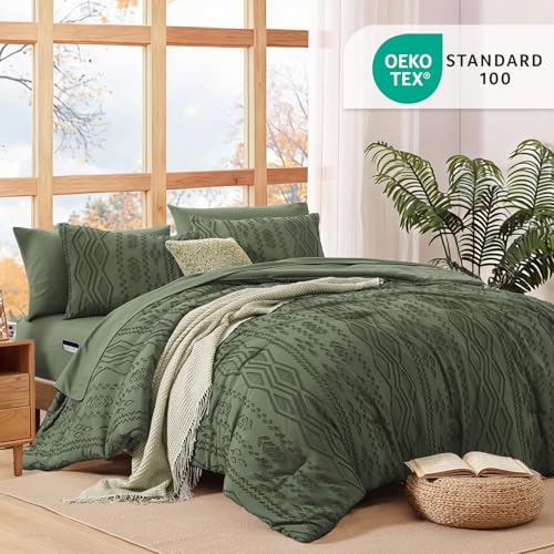 Image of WRENSONGE King Size Comforter Set with Sheets - 7 Pieces Olive Green Tufted Bed in a Bag King Shabby Chic Bedding Sets with 1 Comforter, 2 Sheets, 2 Pillowcases & 2 Shams