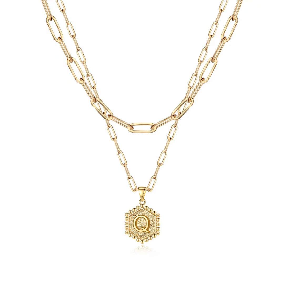 M MOOHAM Dainty Initial Necklaces for Women, 14K-Gold-Plated Layering Necklace for Women Cute Hexagon Letter Initial Necklace Layered Necklaces for Womens Teen Girl Gifts 18 IN Q 14K-Gold-Plated