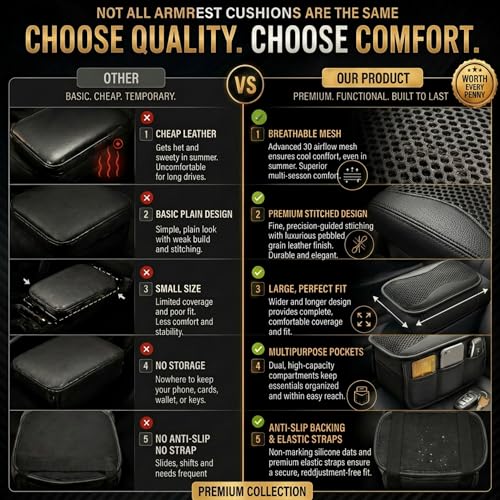 Image of DETACHI Car Center Console Armrest Cover Pad, PU Leather Mesh Armrest Cushion,Universal Fit for SUV /Truck /Car, Console Box Cover With 2 Mobile Pockets, Breathable Mesh Fabric Mat-(Black, 31X18X2CM)