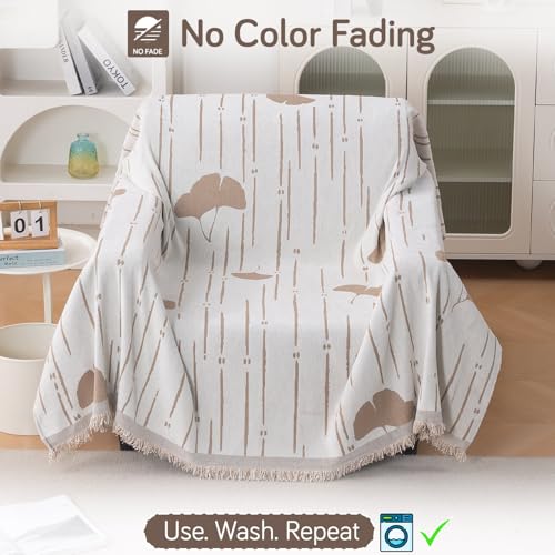 Image of HOKIPO Premium Chenille Printed Sofa Cover Throw Blanket 320 GSM for 1 Seater - All Season Use, 'Serene Abode Series' Beige Ginkgo Lines (180x180 cm) (AR-6631-D2)