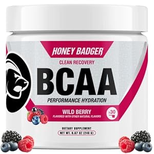 Honey Badger BCAA + EAA Amino Acids Powder, BCAAs + L-Glutamine, Keto, Vegan, Sugar Free for Men & Women, Hydration & Post Workout Muscle Recovery Drink Mix, Wild Berry, 30 Servings