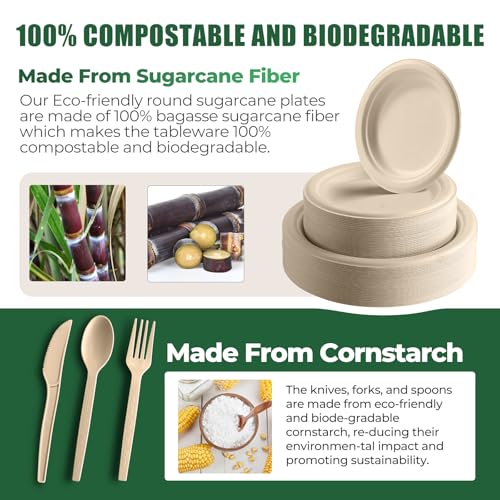 250 Piece Biodegradable Paper Plates Set Disposable Dinnerware Set, Eco Friendly Compostable (EXTRA LONG UTENSILS), Utensil include, Forks, Knives and Spoons for Party andBirthday party, camping - Image 2