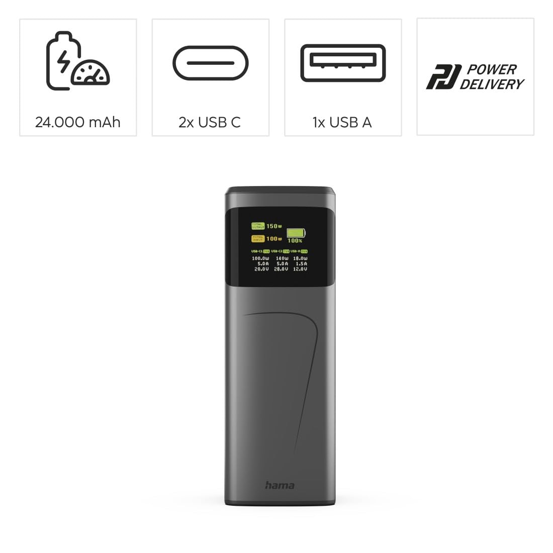 Hama | Power Bank High Power 24.000 mAh 150 W USB-C PD Pantalla TFT | Power Delivery 3.0 y Quick Charge 3.0, 2 USB-C y USB-A, ideal para portátil, tablet, gaming y smartphone, Gris