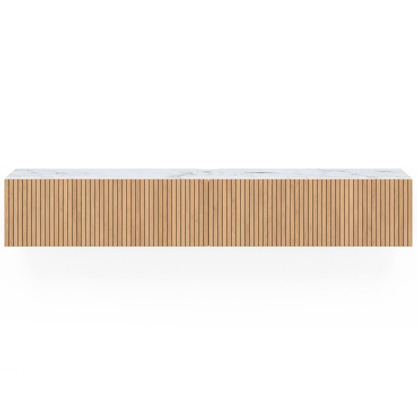 IDMarket - Meuble TV 180 cm Suspendu Juliette 2 Portes Plateau Effet marbre Lattes tasseau Bois Coloris chêne
