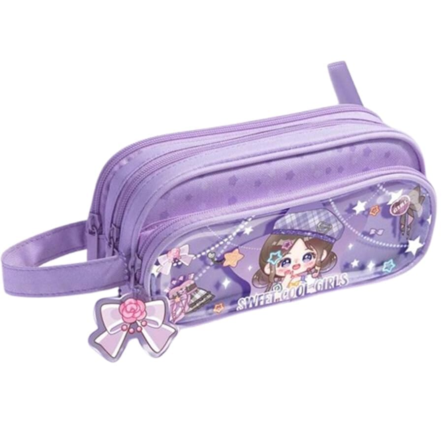 Image of Kawaii Cute Purple Cartoon Pencil Pouch with Unicoorn Eraser Set for Girls | Multi-Compartment Stationery Organizer for School & College | Sweet Cool Girls Trendy Combo Gift Set