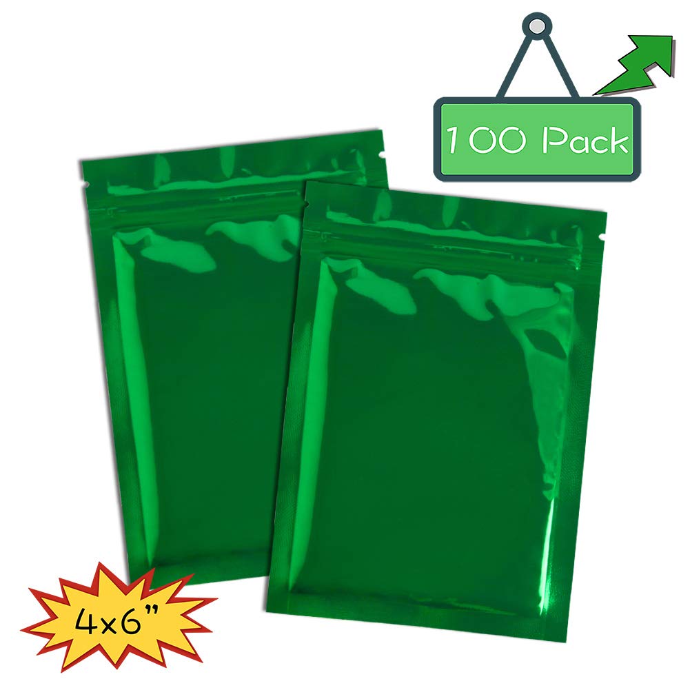 100 PC of deodorant FDA approved food safety double-sided color flat heat sealable sample ziplock bag for herb, coffee, food, electronic accessories placement mylar bags(green, 4x6)