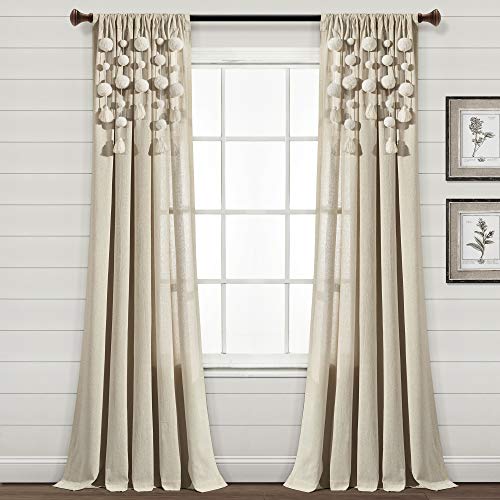 Image of Lush Decor Boho Pom Tassel Window Curtain (Single Panel), 84 x 52 in (L x W), Dark Linen