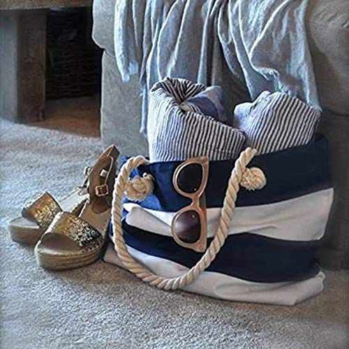 Bolso Tote de lona a rayas con bolsillo interior y asas de cuerda miniatura 3