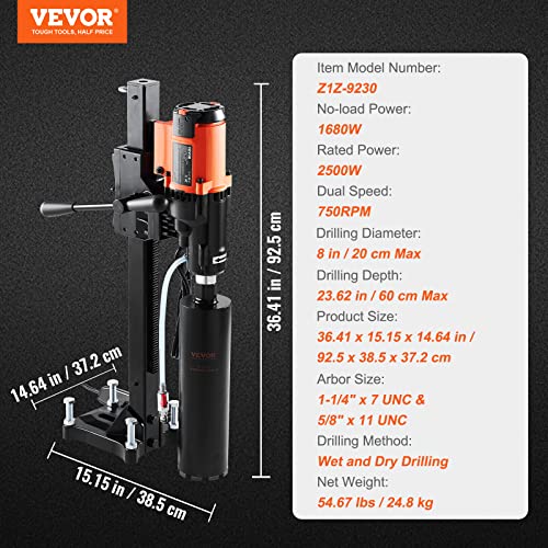 Image of VEVOR Diamond Core Drilling Machine, 8in Wet&Dry Concrete Core Drill Rig with Stand, 750RPM Speed & 1-1 /4 inch 5 /8 inch Thread & Lifting Handle, 8in Drilling Diameter for Concrete Brick Block Stone, 2500W