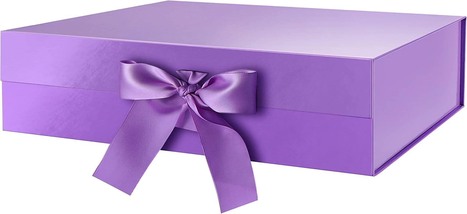VRB Dec 1Pcs Multipurpose Gift Box Decorative Folding Paper Gift Box with Ribbon,gift box for packing,hamper boxes,gift boxes for Return Gifting,Storage,Engagement,Wedding (1 Pcs Purple Rigid Box)