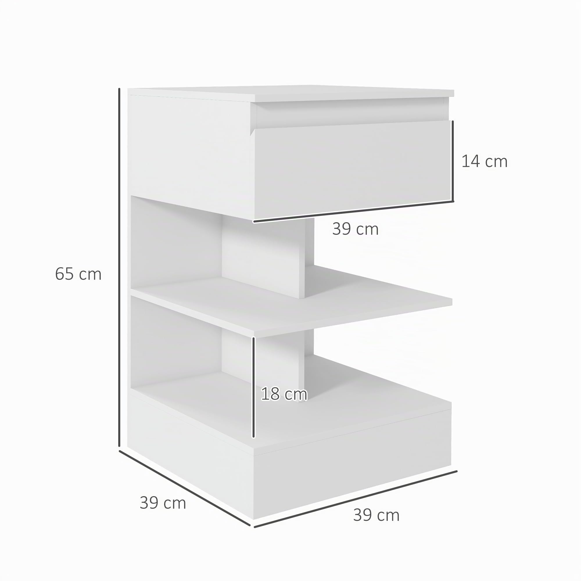 HOMCOM Mesita de Noche Mesa Auxiliar con Cajón para Cama 39x39x65 cm Blanco | 2 Estantes Abiertas, Dormitorio Salón Oficina, Estilo Moderno