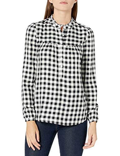 Amazon Brand - Goodthreads Women's Relaxed Fit Fluid Yarn-Dye Twill Long Sleeve Ruffle Trim Crewneck Peasant Shirt, Black-Off White Buffalo Plaid, XX-Large