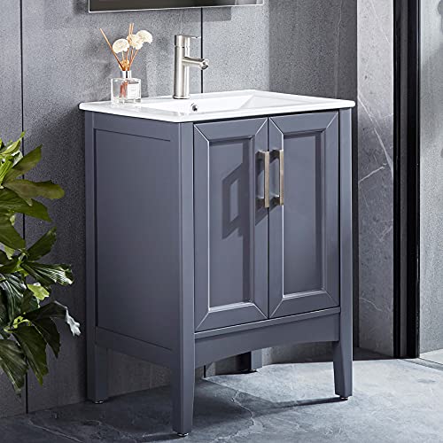 DELAVIN 24" Single Bathroom Vanity and Sink Combo, Simple Design 2-Door 2 Handles Wood Modern Bathroom Storage Cabinet, White Rectangle Ceramic Vessel Sink (Gray) DELAVIN 24" Single Bathroom Vanity and Sink Combo, Simple Design 2-Door 2 Handles Wood Modern Bathroom Storage Cabinet, White Rectangle Ceramic Vessel Sink (Gray)