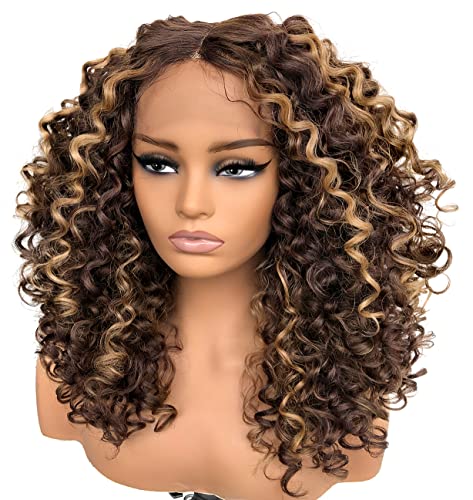 Mitimtes 16Inch P4/27 Omber Honey Blonde Highlight Hd Glueless Curly Lace Front Wig Pre Plucked With Babyhair Human Hair Blend Synthetic Short Curly Frontal Wig For Black Women #TOP1
