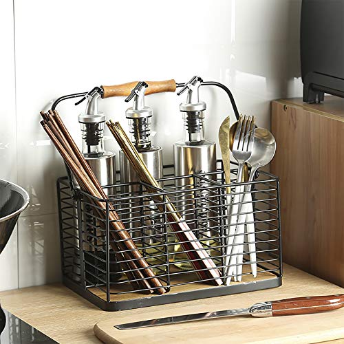 Vanra Utensil Holder Kitchen Condiment Organizer Utensil Caddy Storage Basket Organizer Metal Flatware Caddy With Wood Handle, Black #TOP1