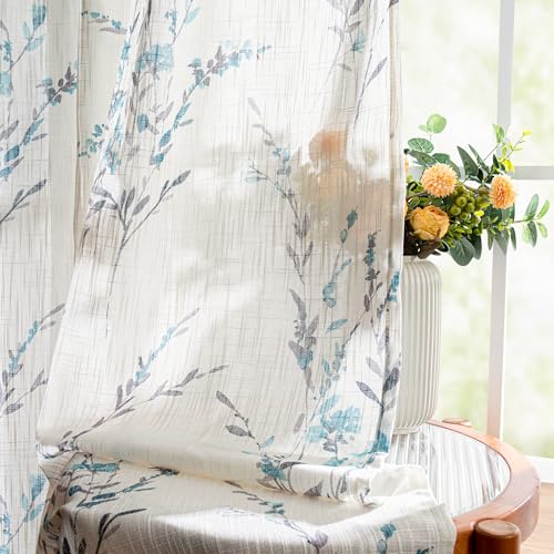 Image of MYSKY HOME Flax Linen Sheer Curtains 54 Inch Length 2 Panels Teal | Floral Decorative Window Treatment Draperies Privacy with Light Through for Kitchen /Nursery /Bathroom, 50 inch Wide
