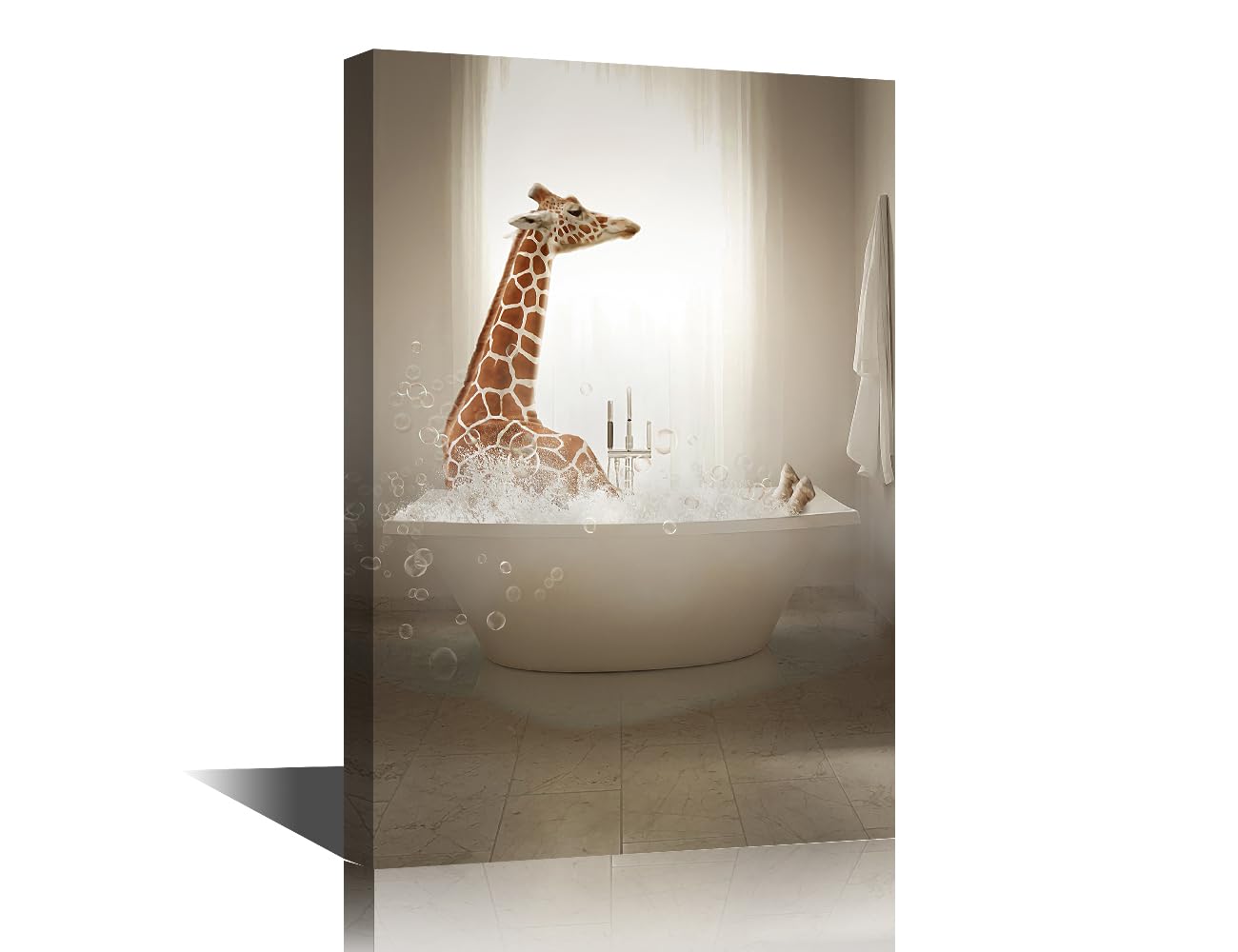 Funny Decor Bathroom Wall Decor Art Canvas Framed Giraffe Bubble Bath for Women Men Giraffe Poster Decor Retro Bathtub Bar Home Decor Ready to Hang