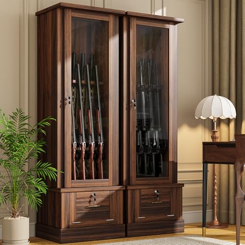 Saudism 10 Gun Safe for Rifles Wooden Display Gun Cabinet for Long Rifles Quick Access Cabinet Safes with Large Sapce Storage for Multiple Short Gun Espresso (2)