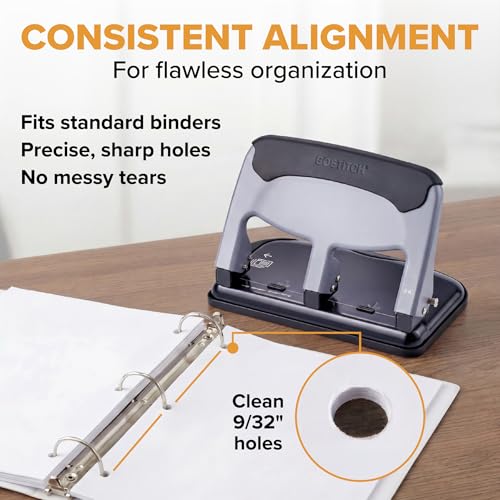 Image of Bostitch EZ Squeeze 3 Hole Paper Punch, 40 Sheet Capacity, Heavy Duty Metal Office Hole Puncher with Chip Tray, Non-Slip Base & Paper Guide, 9 /32 inch Holes for Binders, School & Home Office