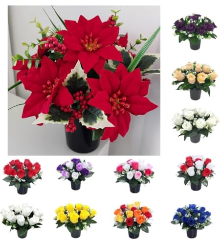 Artificial Grave Flower Pot with Foam Insert – UV-Resistant, Long-Lasting Memorial & Cemetery Flowers for Grave Displays, Home & Garden, Weatherproof Faux Floral Arrangement (Xmas Poinsettia)