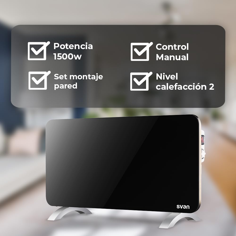 SVAN Radiador plano 1 Elemento Svan 1500 W 2 Niveles de funcionamiento Cristal negro Manual