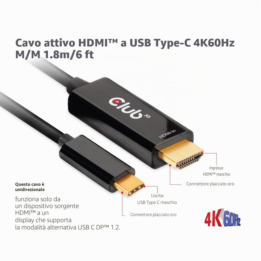 CLUB 3D CAC-1334 ADAPTADOR DE CABLE DE VÍDEO 1,8 M HDMI TIPO A (ESTÁNDAR) USB TIPO C