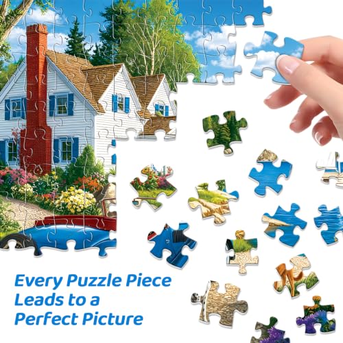 Rompecabezas de 500 piezas para adultos: paisaje lacustre con montañas, cabaña y auto clásico azul; rompecabezas jigsaw con perro y cachorro, ideal para adolescentes, adultos y mayores miniatura 3