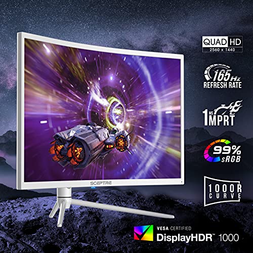 Sceptre Curved 32-Inch Qhd Gaming Monitor 2560 X 1440 Up To 165Hz 144Hz 1Ms Hdr1000 99% Srgb, Light Sensor Height Adjustable Dp Hdmi Usb Type C 3.1 Build-In Speakers Nebula White (C325B-Qwn168W) #TOP2