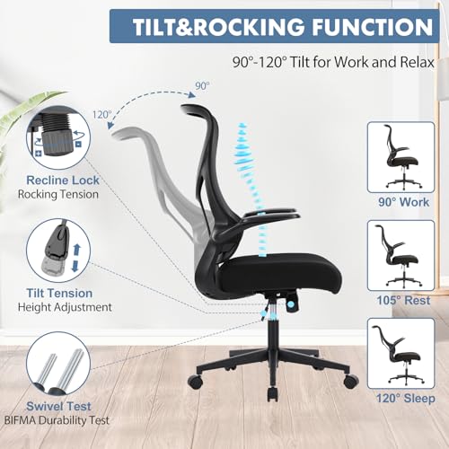 Image of DUMOS Office Managerial Executive Chair with Ergonomic Design, High Back Mesh Computer Desk Chair with Flip-up Armrests, Adjustable Height Swivel Task with Wheels, Comfy Lumbar Support, Black