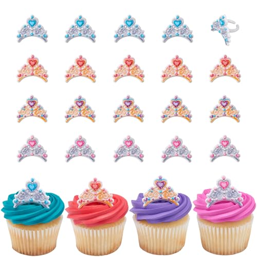 DecoPac Crown Jewels Cupcake Toppers, 24 Jeweled Cupcake Rings, Prince & Princess Tiaras or Crowns, Food Safe Royal Cake Decorations - 24 Pack
