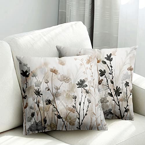 Adjuvant Flowers Pillow Covers Garden Floral Throw Pillow Covers Set Of 2 18X18 Inches Modern Plants Grass Blossom Cushion Covers For Sofa Couch Square Coze Soft Grey White Flower Pillowcase #TOP30
