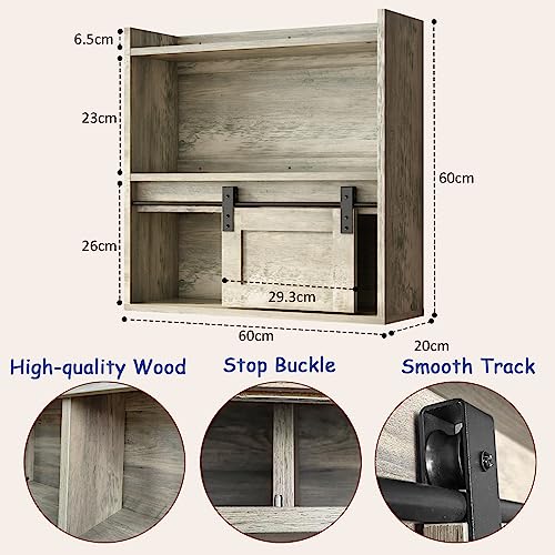 Bukfen Storage Cabinet, Wooden Wall Mounted With Half Sliding Barn Door, 3-Tier Decorative Farmhouse Vintage Cabinet For Kitchen Dining, Living Room (Gray) #TOP2