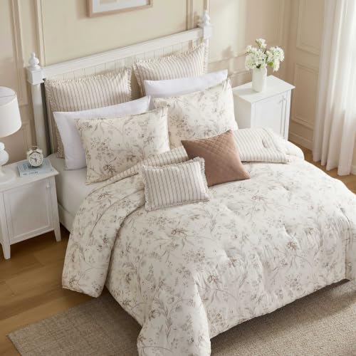 Image of Laura Ashley - Reversible Cotton King Comforter Set with Sham & Pillows | 100% Cotton, Polyester Fill, Includes 2 Shams, 2 Euro Shams & 2 Throw Pillows, Reversible, Machine Washable