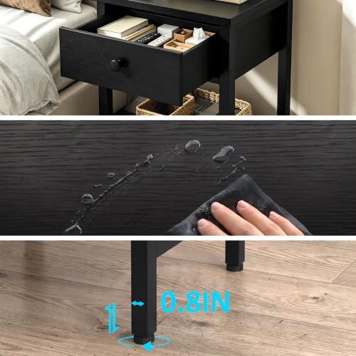 Image of Nightstands Set of 2 with Drawers and Storage Shelves, Modern Bedside Table with Steel Frame, Wood Night Stand End Side Table for Bedroom Small Spaces, Black