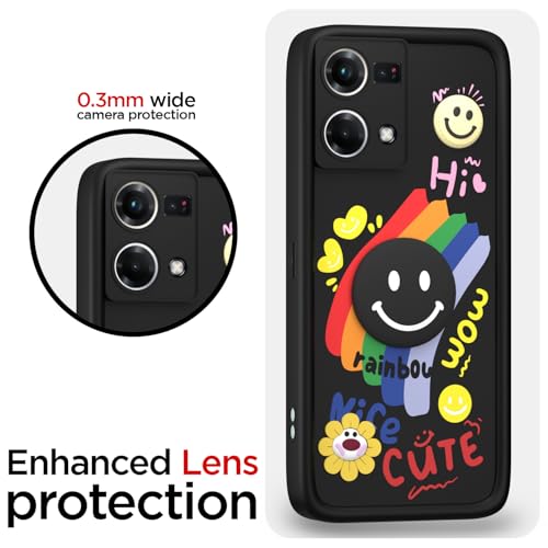 Image of Pikkme Back Cover for Oppo F21 Pro 4G | Soft Silicone| Cute Rainbow Smile & 3D Cartoon Flower Design | Shockproof Raised Camera Protection Bumper Case (Black)