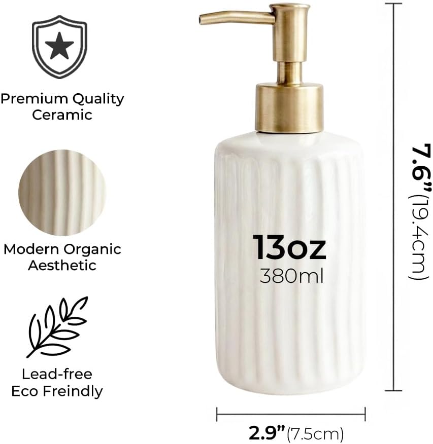 Sand White Ceramic Soap Dispenser with Brushed Gold Pump, 13oz