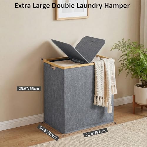 efluky Laundry Hamper with Lid, Double Laundry Basket with 2 Removable Bags, 2 Section Laundry Bin with Bamboo Handles for Bathroom, Bedroom & Laundry Room, 140L (36.9 Gallon) Blue Grey by efluky - Image 2