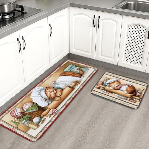Cartoon Cat Kitchen Mats for Floor, Fanciful Sleeping Kitty Design,