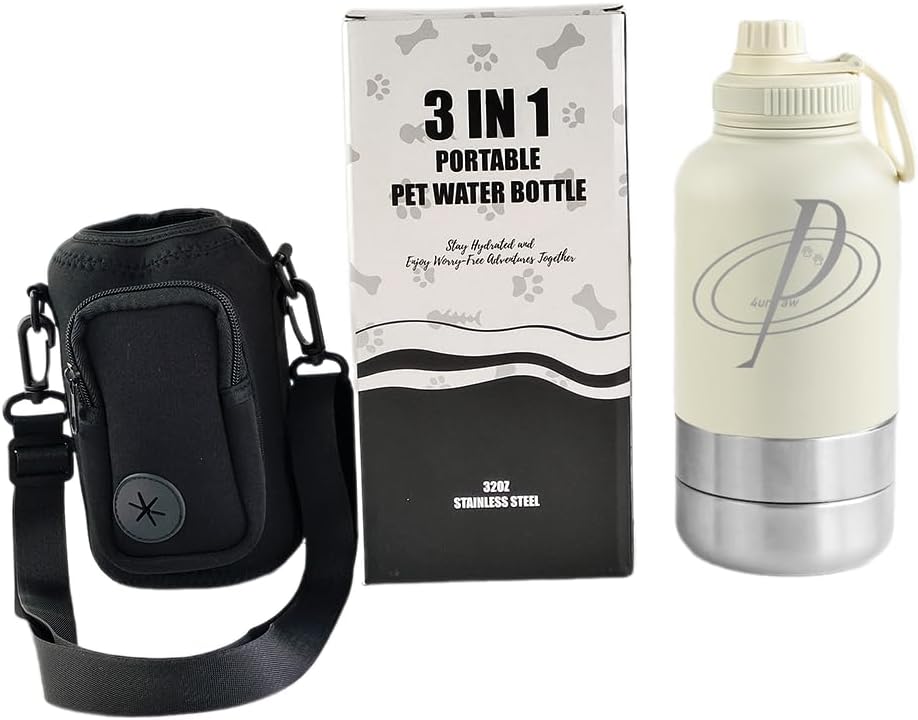 3 in 1 Portable Pet Water Bottle, 32oz Stainless Steel, with Carrying Case