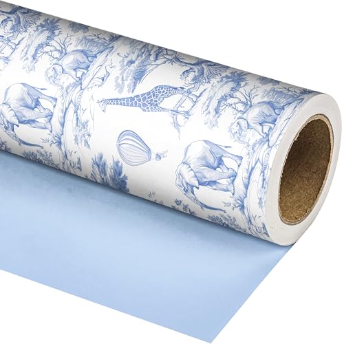 Dtiafu Baby Shower Wrapping Paper Sheets Roll for Boys Girls Kids Blue White Jungle Animals Design Gift Wrap Sheets for Holiday Birthday Baby Shower Party Packing Supplies - Total 28.5sq.ft