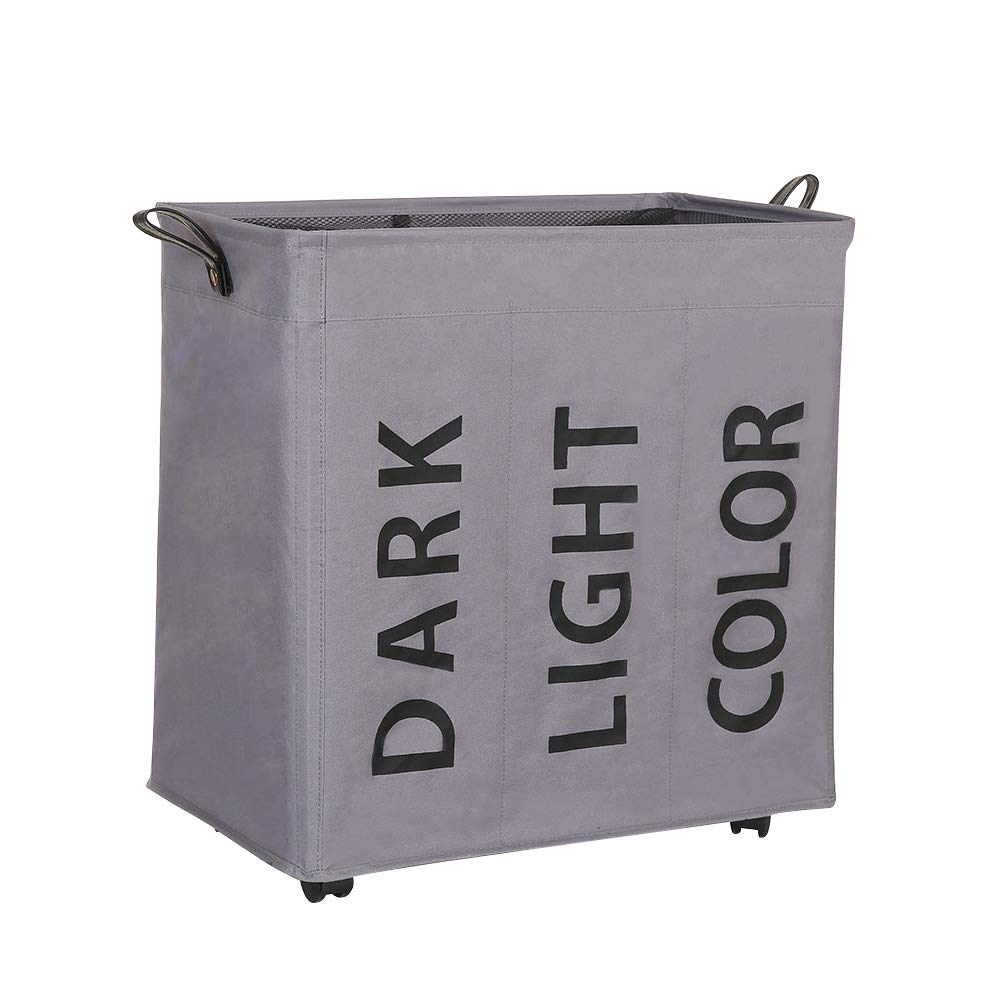OCDLIVERER 3 Section Laundry Sorter Cart, Laundry Hamper Sorter with Rolling Wheels,Waterproof Coating for Clothes Storage(Large,Gray)