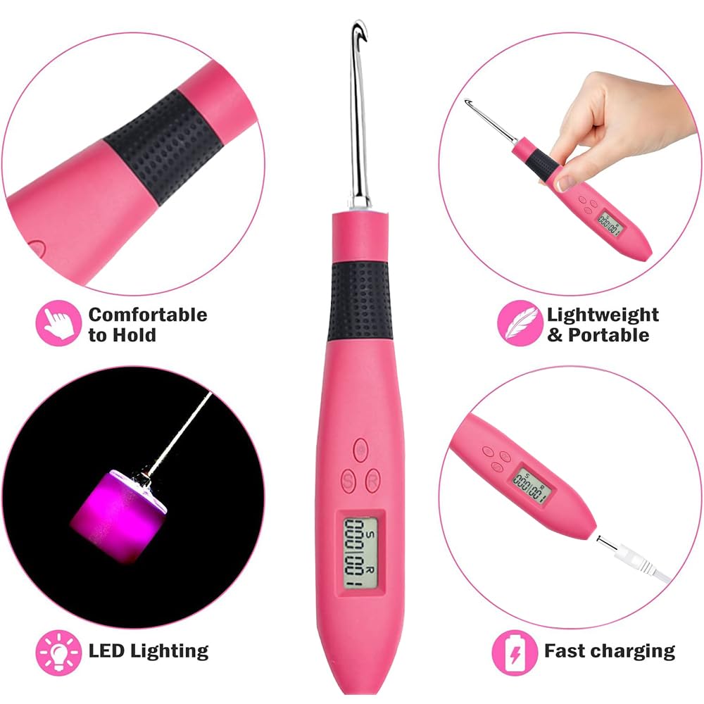 Juego de agujas de ganchillo iluminadas, juego de agujas de ganchillo digitales con 24 kits de ganchillo intercambiables, ganchos de ganchillo iluminados con 2 niveles LED, kit de punto para