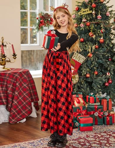 Image of KYMIDY Girl Maxi Dress Kids Casual Buffalo Check Plaid Long Sleeve Dresses with Pockets(6-14yrs)