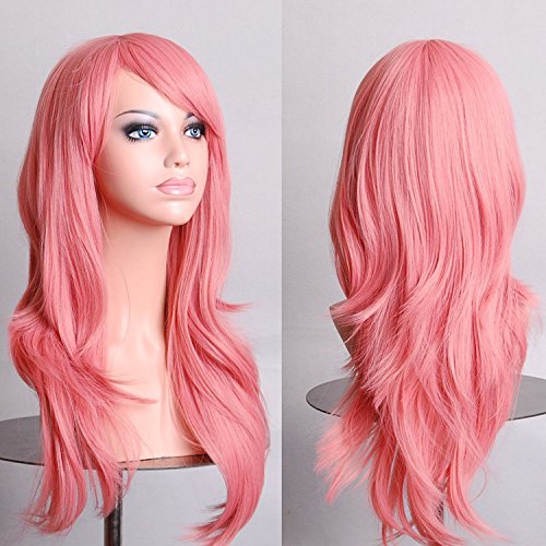 YEESHEDO 28" 70 cm Rouge Rose Cosplay Bouclé Perruque Femme, Longue Ondulée Synthétique Cheveux Cosplay Wig Anime Parti Halloween Perruques Cover