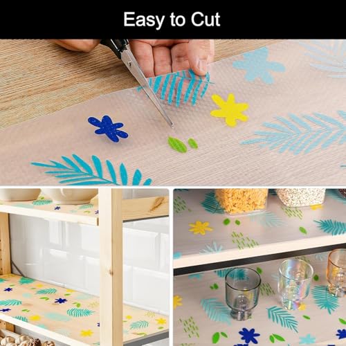 Image of EVA Fridge Shelf Liner Roll, Washable Drawer Mat Sheet, Cut-to-Size Cabinet & Refrigerator Shelf Protector, Food Contact Suitable Multipurpose Kitchen Table Liner Roll, 3 Meter (Blue Flower)
