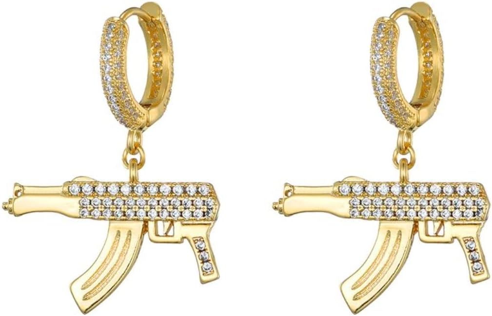 Custom Dangle Drop Ak47 Gold Gun Crystal Diamond Unisex Earrings