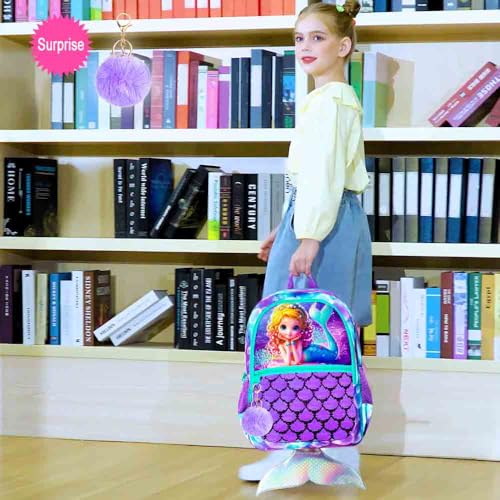 Image of 3Pcs Mermaid Backpack for Girls, 16 inch Sequins Kids Bookbag with Lunch Box, School Backpacks Set for Elementary Preschool Kindergarten(Purple)